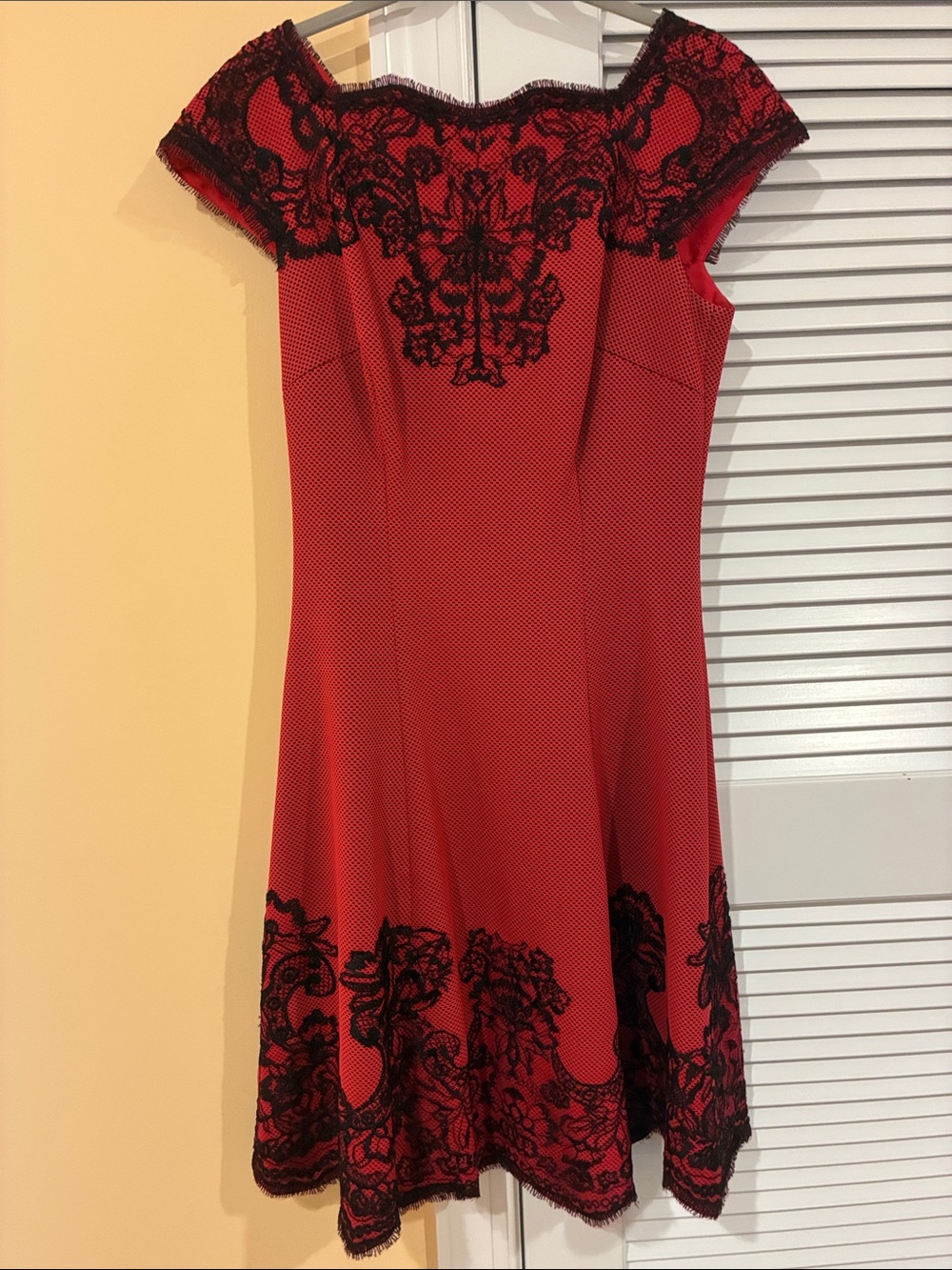 Tadashi Shoji Red and Black Flare Dress with Black Lace Trim, size M